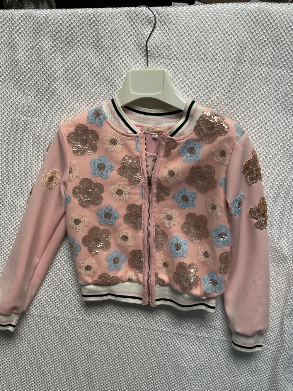 Baby Sara Girls' Pink Floral Sequin Bomber Baseball Jacket. NWT!